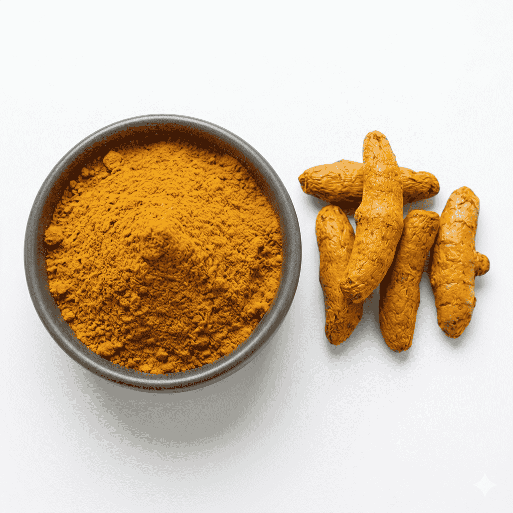 High-quality dried turmeric roots and finely ground turmeric powder with rich golden color